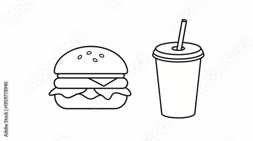Classic burger and soda combo outline icon, fast food meal pair on isolated white background.