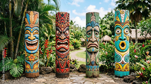 Wallpaper Mural Four colorful tiki totems displaying different emotions Torontodigital.ca