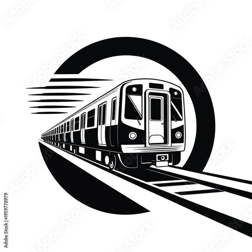 A stylized black and white illustration of a speeding subway train