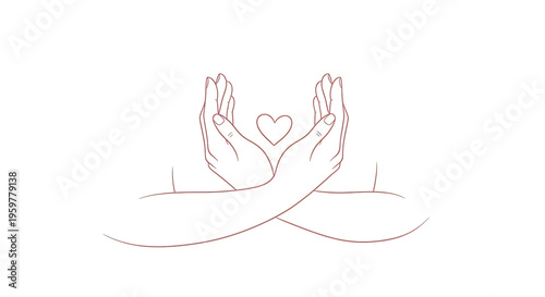 A minimalist line art illustration of two hands cradling a heart symbolizing love and care