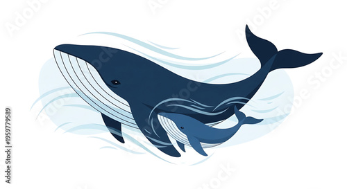 A vector graphic illustration of a whale and its calf swimming together in a minimalist style