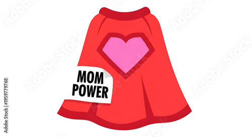 A vibrant red superhero cape with a pink heart and 'MOM POWER' text, symbolizing maternal strength and love.