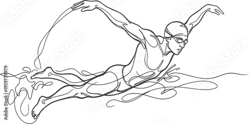 Continuous line swimming athlete, butterfly stroke swimmer vector, minimalist sports art