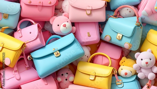 Colorful handbags and stuffed animals are piled together in disarray indoors.