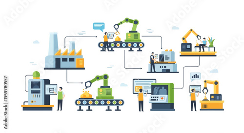 Smart Factory Automation Process. Industrial Production Line with Robotic Arms, Conveyor Belts, and Human Operators Overseeing Advanced Manufacturing Technology.