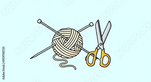 handmade knitting tools with yarn ball and scissors illustration