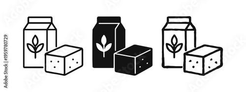 Dairy and plant-based food packaging icons: milk carton and butter block in various styles.