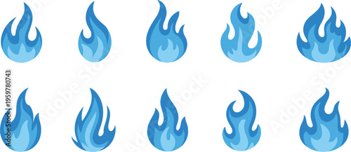 Blue flame icons set with stylized fire shapes, modern energy symbol vector collection