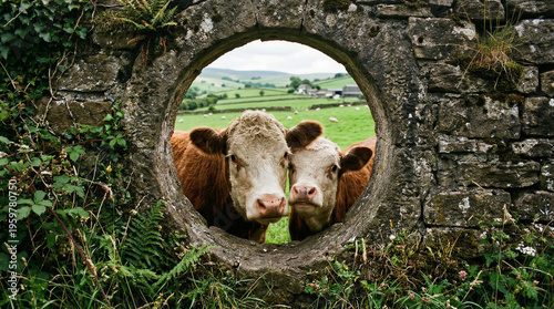 Wallpaper Mural Cows observing through stone wall opening on farm pasture Torontodigital.ca