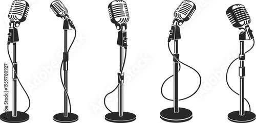 Black and white of five standing microphones with spiral patterns on their bodies studio equipment