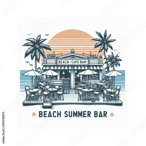 Retro Beach Summer Cafe Bar Illustrations – Vintage Coastal Scene with Palm Trees, Sunset & Outdoor Seating for Social Media, Merchandise & Digital Design
