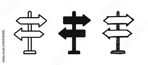 Direction signpost with arrows icon in line, glyph, and hand-drawn styles, for choice and navigation.