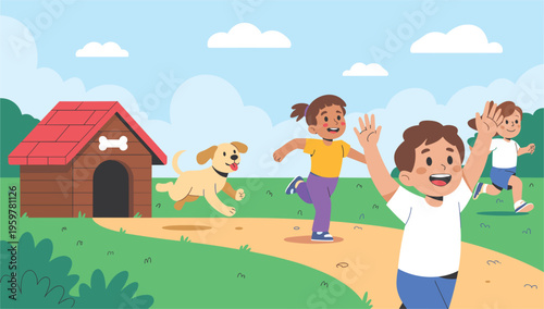 Happy children playing with dog in park, cheerful outdoor activity cartoon vector illustration