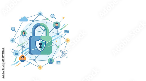 Cybersecurity Concept With Padlock Shield On Transparent Background With Network Connections And Icons Representing Data Protection And Privacy, Isolated Elements, Cutout, PNG.