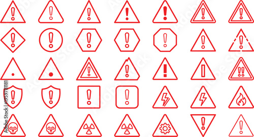 Warning icons set hazard alert symbols triangle signs red vector