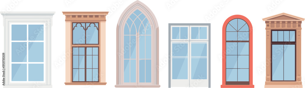 Fototapeta premium Window styles collection with classic and modern designs, architectural exterior elements vector set