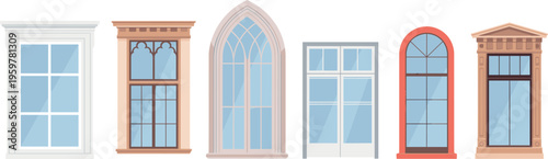 Window styles collection with classic and modern designs, architectural exterior elements vector set