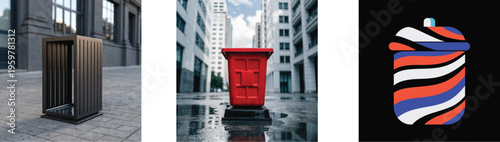 Three distinct trash receptacles displayed against urban and abstract backgrounds