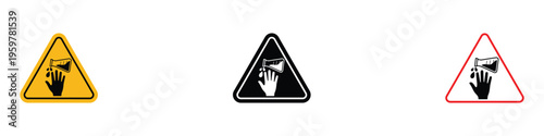 Corrosive substance warning sign with hand and chemical flask. Laboratory safety hazard and dangerous acid alert symbol. Vector Illustration.