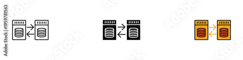 Database server data synchronization and backup transfer. Computing storage network and information exchange symbol. Vector Illustration.