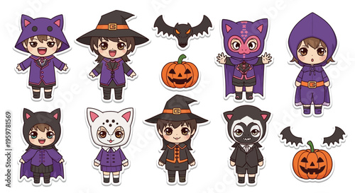 Cute chibi characters and Halloween elements in various costumes and decorations, featuring witches, cats, bats, and pumpkins.