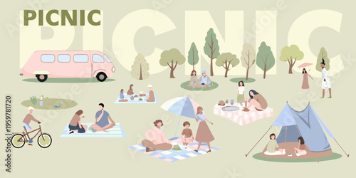 A vibrant illustration depicts a cheerful outdoor picnic scene with people and a van