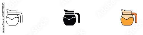 Glass pitcher for water or juice. Beverage carafe and kitchen glassware icon set. Vector Illustration.