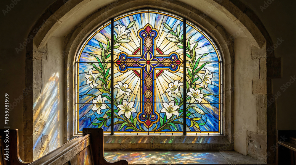 Fototapeta premium Stained glass cross and lilies inside church