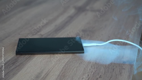the smartphone smoked while charging. smartphone battery fire. High quality FullHD footage
