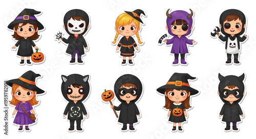 Cute cartoon children dressed in various Halloween costumes, including witches, devils, cats, and ninjas, holding pumpkins and spiders.