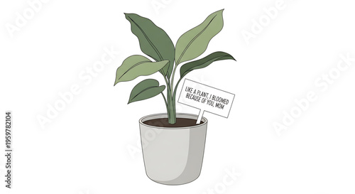 A minimalist vector illustration of a potted plant with a motivational sign