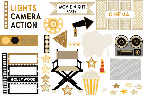 A collection of movie themed illustrations and graphic elements for parties