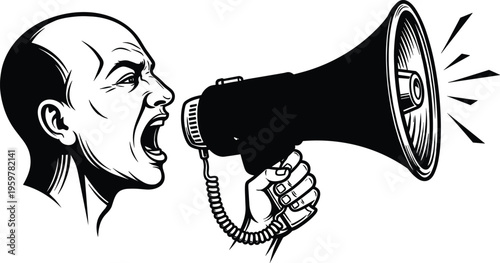 Angry Bald Man Shouting into Megaphone Vector Illustration Representing Protest Activism Leadership Public Speaking Warning Loud Communication and Emotional Expressive Speech isolated on White