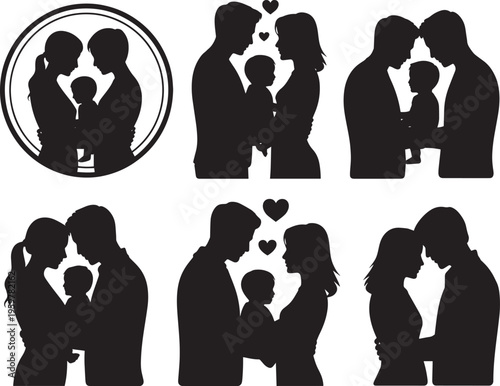 Silhouette of a multi-generational family standing together, representing unity, love, and diverse age groups on white.