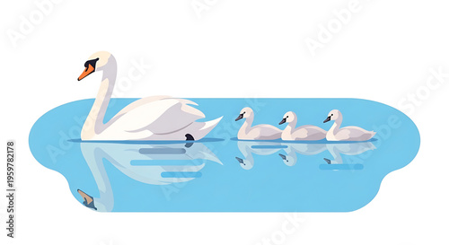 A family of swans swimming together in a serene body of water, depicted in a minimalist vector illustration style.