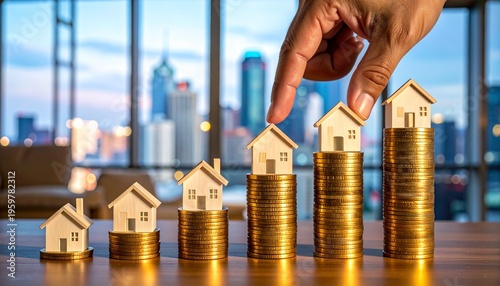 Real Estate Investment and Housing Market Growth Concept with Small House Models on Stacks of Gold Coins and City Skyline Background