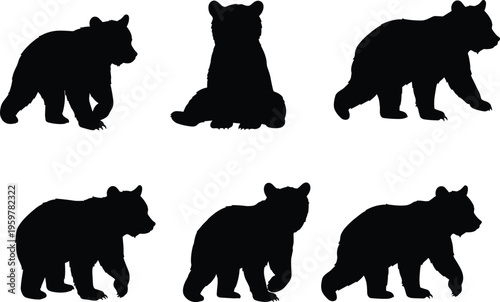 Silhouette of bear cubs in different poses, walking, sitting, standing, isolated wildlife vector illustration, wild animal design, black shape