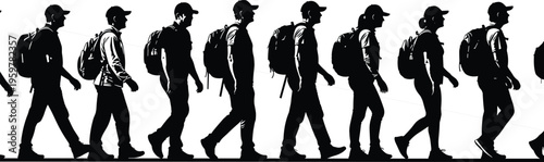 Black and white silhouette of a group of diverse hikers with backpacks walking in a line isolated on white background for travel and adventure (24 words)