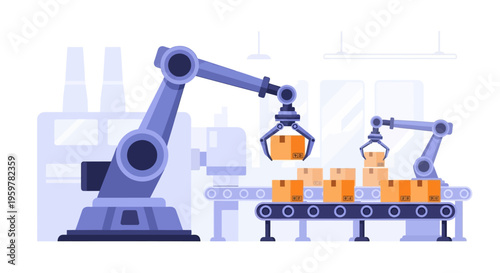 Industrial Robotic Arms Automating Production Line. Factory Logistics, Smart Manufacturing & Supply Chain Technology Illustration.