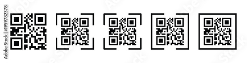QR codes icon set. Two-dimensional matrix vector barcodes used for storing data.