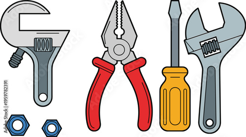 Cartoon robot with screwdriver and wrench surrounded by tools and bolts