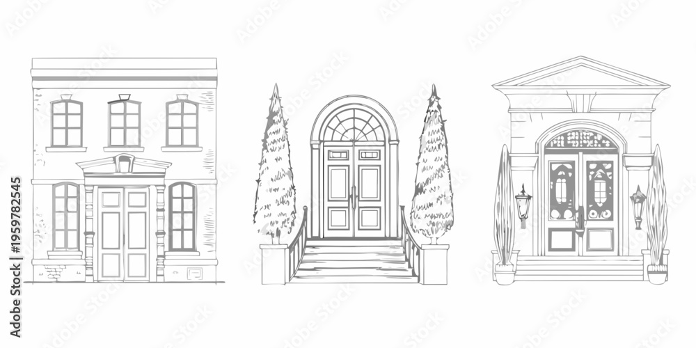 Fototapeta premium Sketch of three ornate building facades with detailed doorways and windows