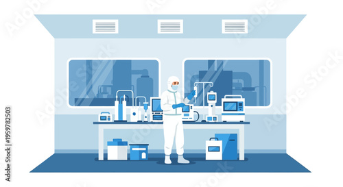Scientist in Hazmat Suit Working in Cleanroom Laboratory with Advanced Medical Equipment