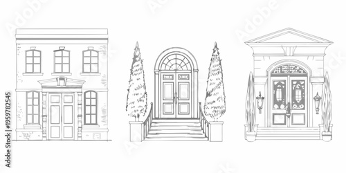 Sketch of three ornate building facades with detailed doorways and windows