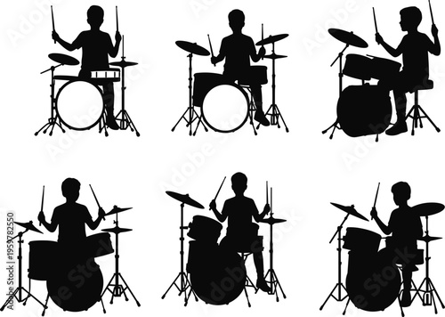 Silhouette of drummer playing drums, musician performing on drum set, percussion artist, music concert, band performance, rhythm, sound, entertainment.