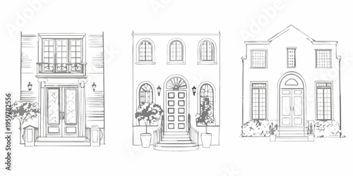Sketch of three european style townhouses with detailed facade elements