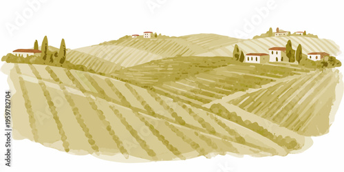Watercolor painting of rolling tuscan hills with quaint farmhouses and cypress trees