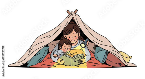 A mother and child reading a book together in a cozy tent made of blankets