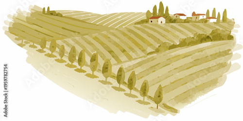 Watercolor painting of a rolling hillside landscape with cypress trees