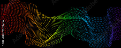 Abstract rainbow dot wave on black background. Spectrum gradient particle flow. Digital data technology and sound wave visualization banner.